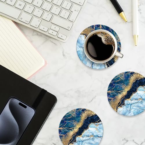 Aienau 6 Pcs Ceramic Coasters With Holder Absorbent Drink Coasters Round Ceramic Table Coasters Set Decorative Coffee Cup Beverage Coasters Wine Beer Bar Coasters Blue Marble thumb #6