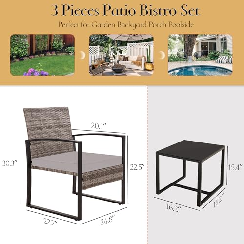 HYDRAGARDEN 3 Pieces Patio Set, Outdoor Wicker Conversation Furniture Set with Padded Cushions & Glass Table, Garden Rattan Chair Set for Porch Balcony Backyard (Grey Wicker & Grey Cushions)