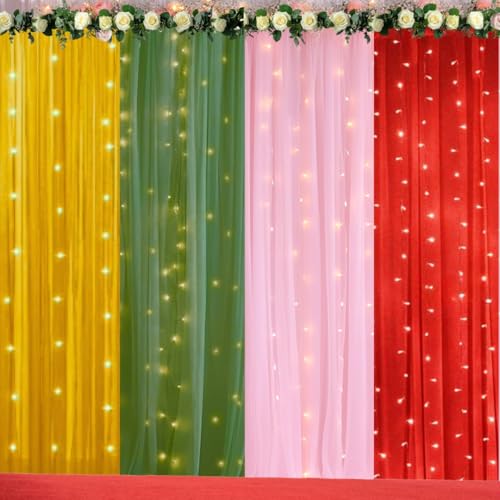 Image of Shimmers 10 Pcs Decorative Net Curtains with Hooks & Ribbon - 4.8 Ft Red, Pink, Green & Yellow Celebration Curtains - Colorful Backdrop for Wedding, Room & Home Decor