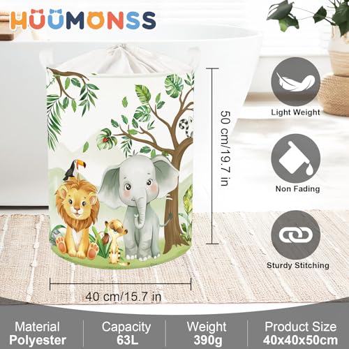 HUUMONSS Wald Tiere Baum Kinder Wäschekorb Faltbar für Jungen Mädchen Groß Kleidung Spielzeug Aufbewahrungskorb für Kinderzimmer Bad, Elefant, 63L