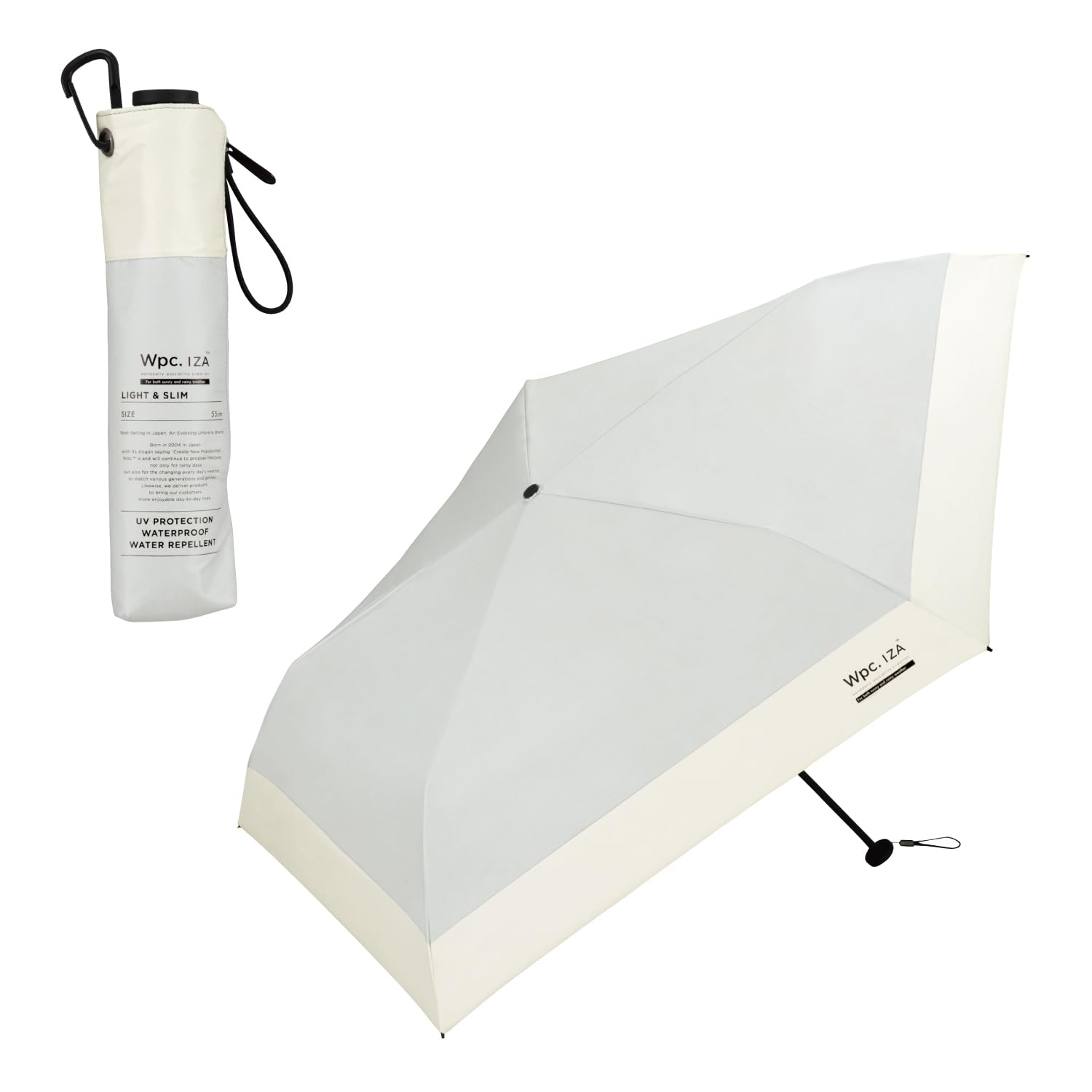 【軽量スリム】男の晴雨兼用傘 Wpc. IZA(イーザ) LIGHT & SLIM （切り継ぎ） オフ×ライトグレー ≪遮熱/遮光率100%/UVカット率100%/UPF50＋/晴雨兼用≫ 折りたたみ傘 親骨55cm 軽量 日傘 メンズ ZA026-001-102