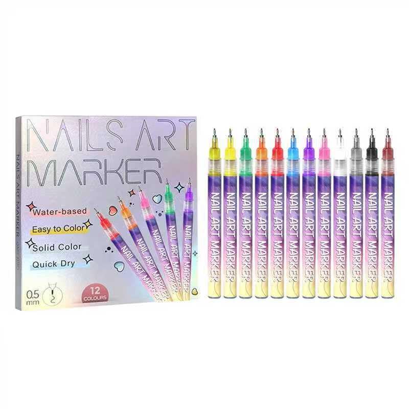 Nail Art Pens Set 12 Colors, 3D Nail Polish Markers for DIY Nail Art - Quick Dry 0.5mm Drawing Painting Liner & Dotting Brush for Beginners, Home Salon Manicure Decoration Tools