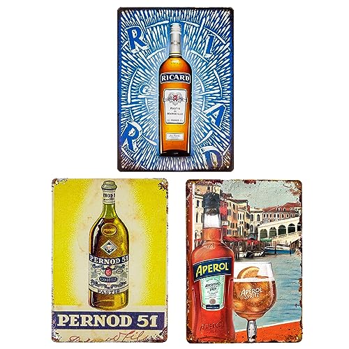 XIAOMA Lot de 3 Plaque Metal Vintage Apéritif - Affiche Cocktail - Poster Publicitaire Rétro Tôle decorative pour Bar,Pub,Club,Fête et Cave,Cuisine,Bodega,...