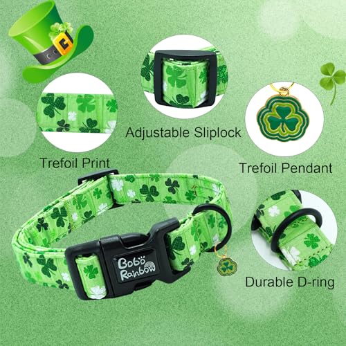 Image of St Patrick's Green Trefoil Print Dog Collar for X-Small Dogs | Daily Walks,Irish Parade,Spring Picnic Hiking,Adjustable,Cotton Fabric,Quick Release Plastic Buckle,Pendant,Female /Male Dog