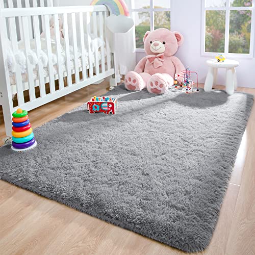 Foxmas Ultra Soft Fluffy Area Rugs For Bedroom Kids Room Plush Shaggy Nursery Rug Furry Throw Carpets For Boys Girls, College Dorm Fuzzy Rugs Living Room Home Decorate Rug, 4Ft X 6Ft, Grey #TOP3