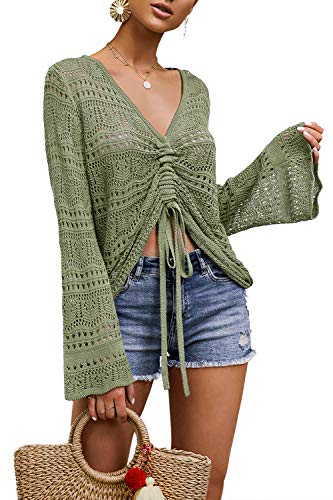 Image of Saodimallsu Womens Boho Off Shoulder Sheer Crop Tops Bell Sleeve Flowy Oversized Crochet Ruched Pullover Sweaters