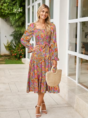 Image of Simplee Womens Long Sleeve Maxi Dress Casual Square Neck Smocked Flowy Fall Wedding Guest Dresses