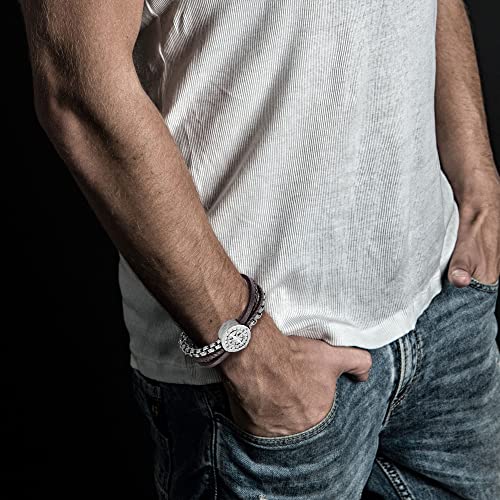 Image of Men's Bracelet Leather with Compass, Braided Leather Bracelets for Men Magnetic Clasp 7.5 /8.5 /9.5 inch Gift for Husband Boyfriend Father