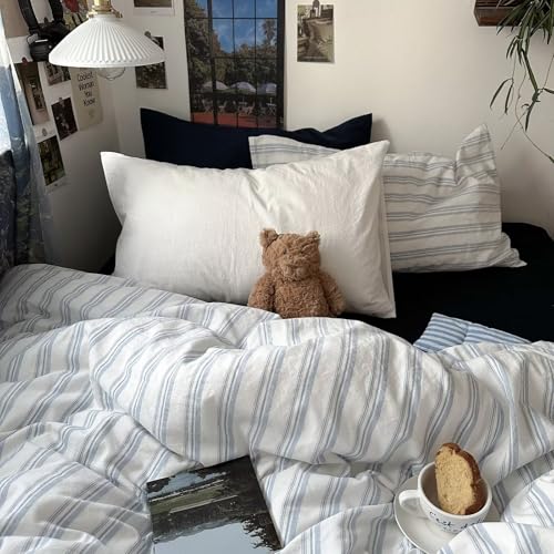 Image of MKXI Twin Size Duvet Cover Set - 100% Washed Cotton Blue & White Striped Bedding, Soft & Breathable 3-Piece Set with Zipper Closure & Corner Ties, Modern Coastal Vintage Style