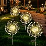 Pack of 4 Solar Lights Outdoor Garden, Dandelion Solar Firework Lights 120 LEDs, 8 Modes Starburst Light, Garden lamp Waterproof for Lawn Pathway Patio Yard Party Backyard Decoration/Warm White
