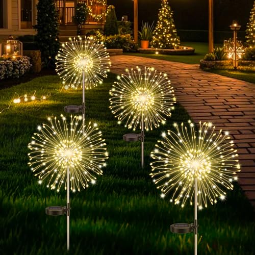 Lot de 4 Lampes Solaires d'extérieur pour Jardin, Feux d'artifice solaires en forme de pissenlit, 120 LED, 8 Modes, éclairage étoilé, Lampe de Jardin...