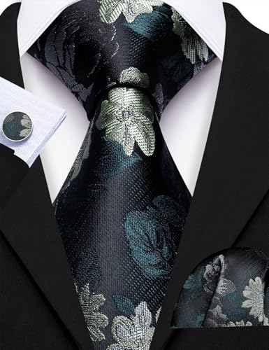 Image of Barry.Wang Flower Ties for Men Handkerchief Cufflinks Set Wedding Necktie Set Party