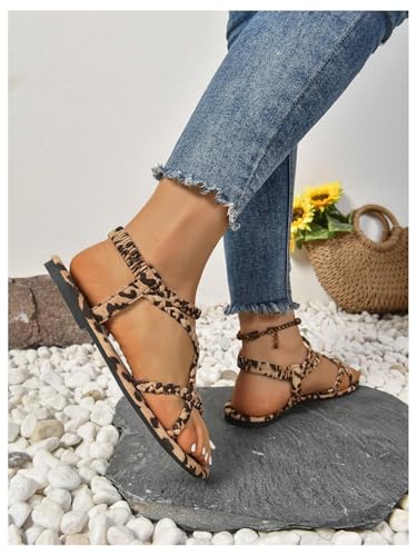 GORGLITTER Women's Leopard Strappy Flats Sandals Cheetah Open Toe Thong Sandals Summer Dressy Slide Flip Flop4