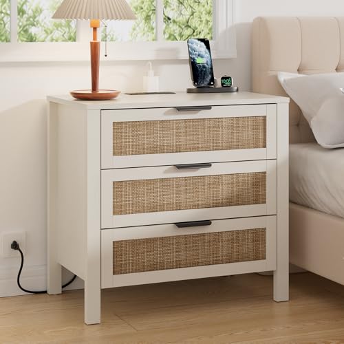 HOMMPA Rattan Night Stand with Charger Station Set of 2, 26'' Wide Boho Nightstand with 3 Drawer, Modern Bedside Table with Plug, Bed Side End Table Dresser with Open Shelf for Bedroom, Beige - image 1