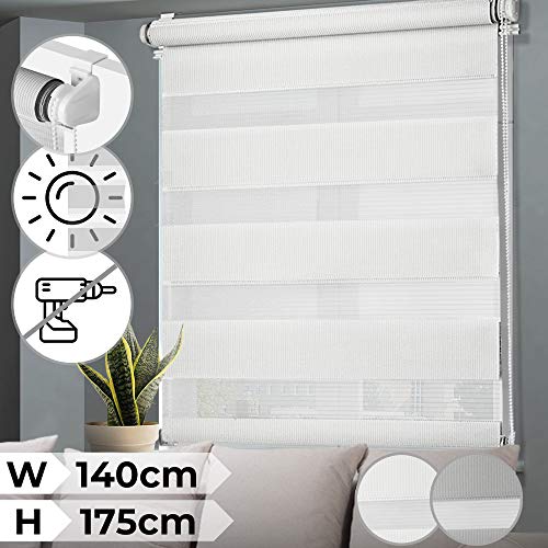 Miadomodo Store Enrouleur - Blanc et Gris, Taille au Choix, Luminosité Réglable, Fenêtre & Porte - Motif zèbre, Double Store Enrouleur, Tissu occultant (Blanc, 140x175cm)