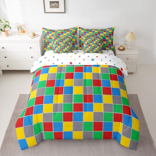 Image of Erosebridal Geometric Checkered Full Bedding Set 7 Piece Colorful Checkerboard Bed in A Bag with Sheets Rainbow Plaid Comforter Set for Kids Adults,Red Blue Green Yellow Grids Bed Sets