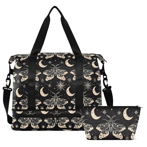 Travel Duffel Tote Bag Butterfly and Moon Skull Sports Duffel Bag with Wet Pocket Weekender Overnight Bag for Women Men Gym Bag, Carry On Bag Hospital Bag for Labor and Delivery