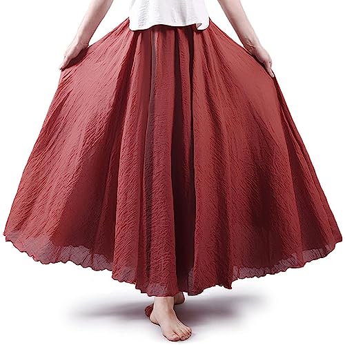 ASHER FASHION Women's Bohemian Style Elastic Waist Band Cotton Linen Long Maxi Skirt Dress (85CM, Rust Red)