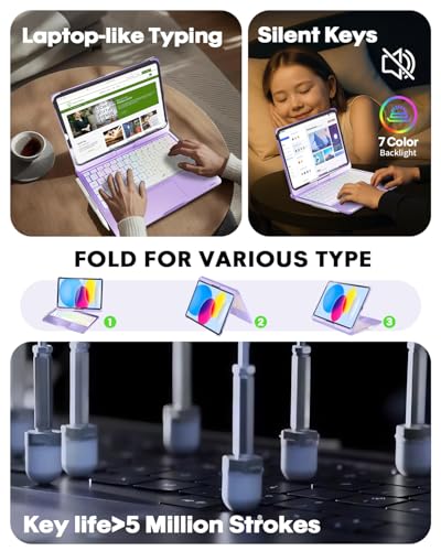 Image of BABG for iPad 10th 11th (A16) Case with Keyboard&iPad Air 11(M4,M3,M2),360Swivel,7 Use Modes,Rainbow Backlight Keyboard for iPad Pro 11(1st /2nd /3rd /4th Gen)&iPad Air 5th /Air 4th- Purple