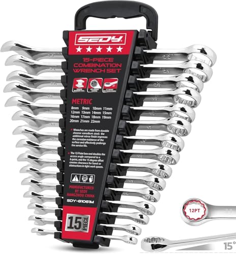 15-Piece Metric Combination Wrench Set 822mm 12-Point Open End and Box End Wrench Kit with Organizer Chrome Vanadium Steel Tools for Mechanics Garages and Workshops