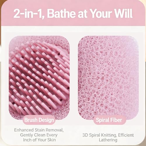 2-in-1 Sunflower Suction Cup Bath Ball, Exfoliating Mesh Shower Body Sponge with Cleaning Brush, Pink and Green, 2 Pack — view 4