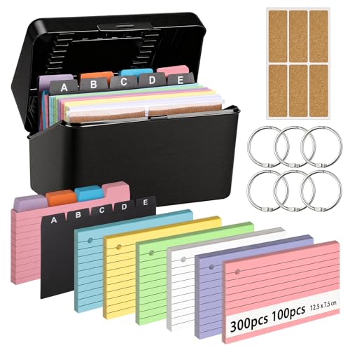 Thboxes Karteikarten Box,12,5 x 7,5 cm Karteikasten Set, Inkl. 400 Bunte Karteikarten 5 Register 6 Loseblattring 6 Aufkleber, Karteikartenbox Lernkarten für Vokabel Lernen Notizen Schule Büro Zuhause
