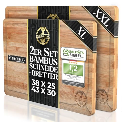 Deer & Oak Schneidebrett Holz Set – XXL & Groß (43x30 & 38x25cm) Bambus Küchenbretter, Vorgeölt, Messerfreundlich, Nicht-Porös – 2er Holzbrett für Fleisch & Gemüse