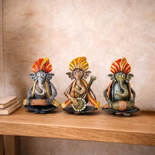 Image of CraftVatika Metal Ganesha Playing Musical Instruments Set of 3, Handcrafted Ganesha Playing Dholak Harmonium Sitar Showpiece for Living Room Tabletop Home Decor Items, Ganesh Musical Showpiece