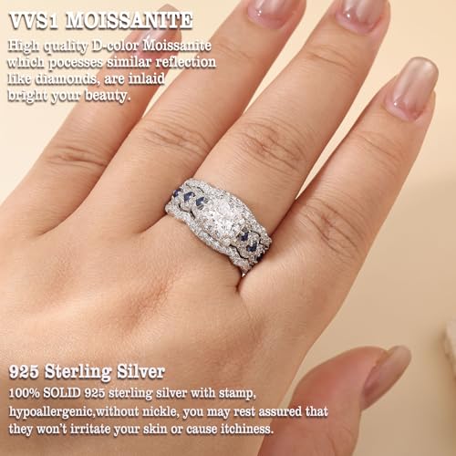 Newshe Jewellery Princess Moissanite Engagement Ring for Women 925 Sterling Silver Wedding Band Rings Blue Sapphire Bridal Sets Promise Size 5-104