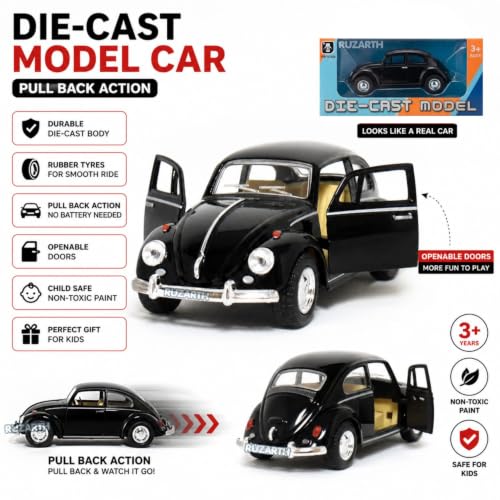 Image of Vintage Die-Cast Metal Toy Car with Openable Doors & Pull Back Action, 1:36 Scale Classic Model Vehicle, Durable Metal Body, Kids Toy Gift for Boys & Girls 3+ Years (Pack of 1) (Black)
