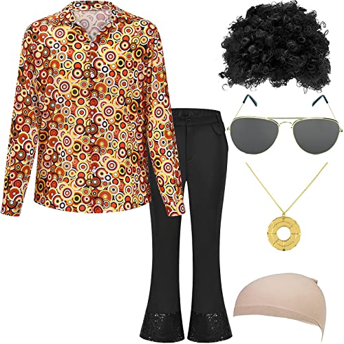 Halloween 70S Costume Men, 60S Decades Disco Outfits Clothing, Disco Shirts Bell Bottom Pants, Accessories Afro Wig Rock Necklace And Sunglasses,2-M #TOP18