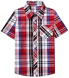 SANGTREE Camisa casual a cuadros de manga corta con botones para niños y hombres, 2 años - 2XL, Rojo/Blanco, Large