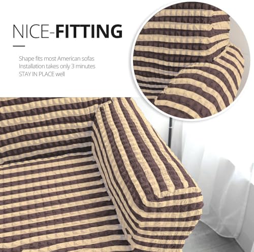 Image of Cortina Elastic Stretchable Universal Sofa Cover with Skirt, Three Seater, Cream /Brown