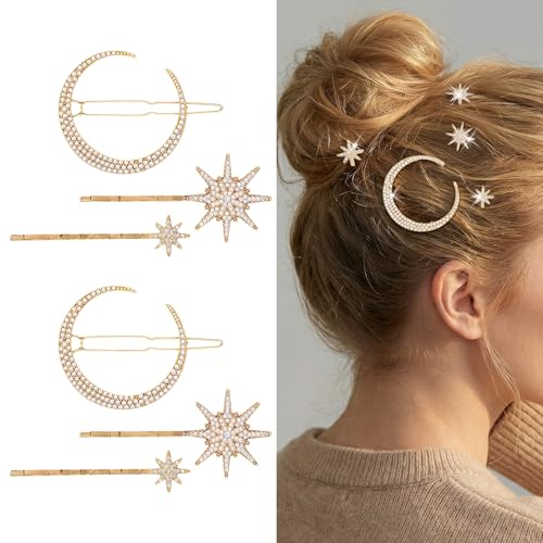 DOPENSPI 6 Pcs Vintage Celestial Hair Clips, Moon Star Hair Clips Crystal Decorative Bobby Pins Rhinestone Accessories for Women(Gold)