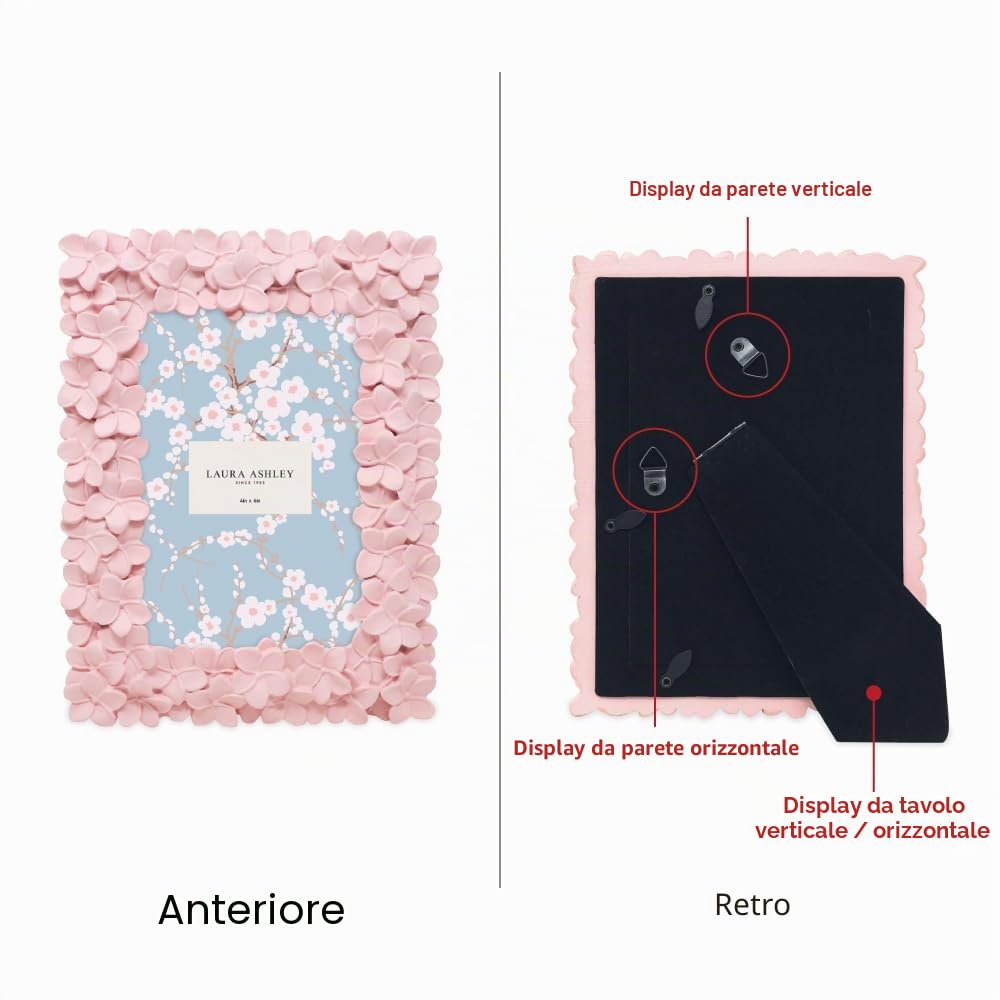 Laura Ashley Cornice portafoto in resina realizzata a mano, con cavalletto e gancio per tavolo e parete, motivo floreale, decorazione per casa, galleria fotografica, arte (4 x 6, rosa)