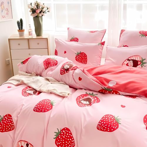 Image of Famyo King Size Bedsheet Set with 2 Pillow Covers, 250 TC Fitted Kids Bedsheet, Comforter & Comforter Cover (5pc Set) -Home Decor, 72x78 inches, Pink Strawberry Design