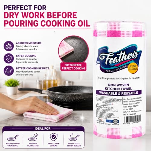 Image of Feather's Smartchoice Reusable Kitchen Towel Roll | 80 sheets per roll | Washable Non Woven Tissue, Clean wet surface, dishes, appliance, etc | Wash, Re-use and Repeat (Pack of 4)