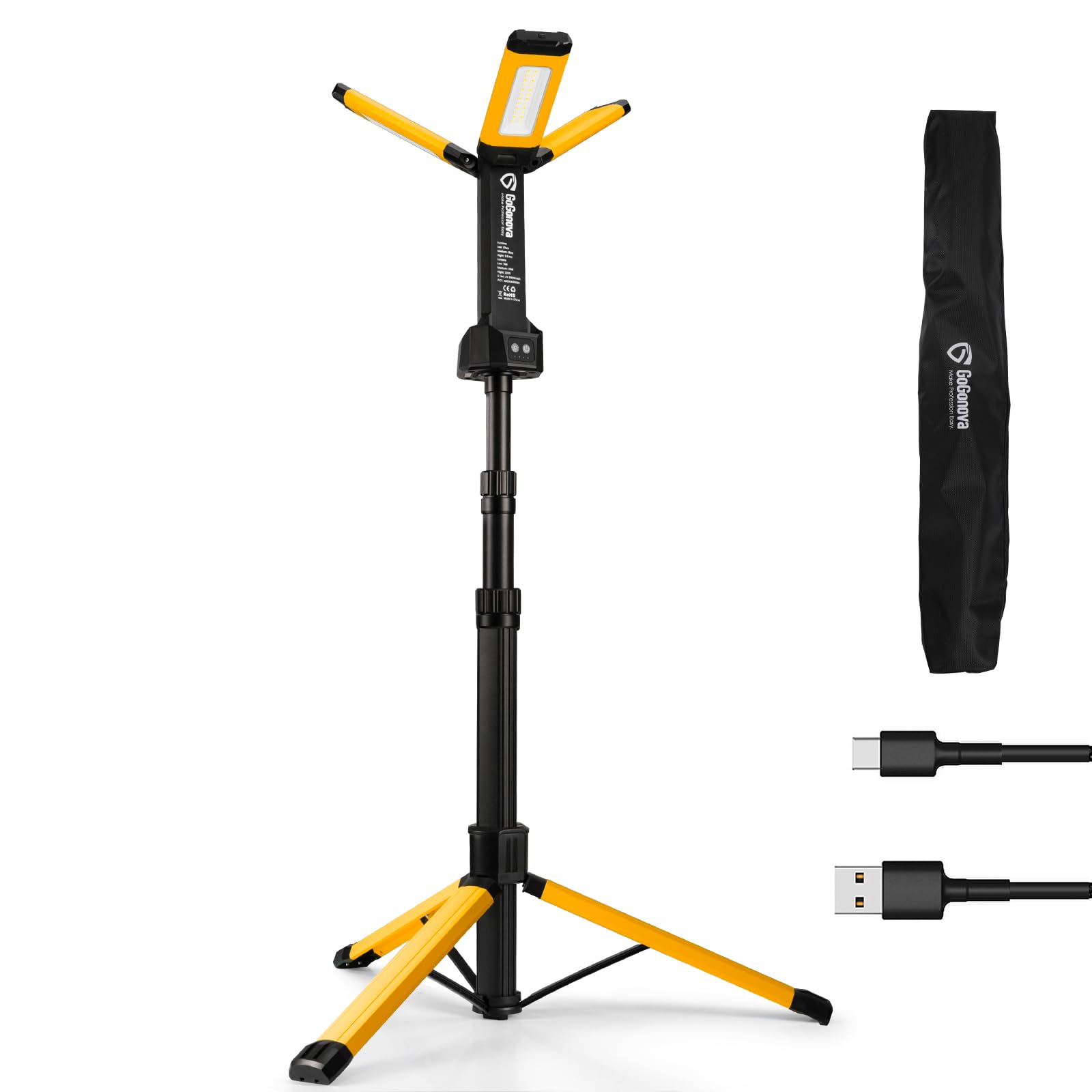rechargeable work light with stand, gogonova cordless work light with triple led lamps, 8ah battery, 700/1200/2200 lumen, 4000/6500k dimmable led work light kit ?yellow?