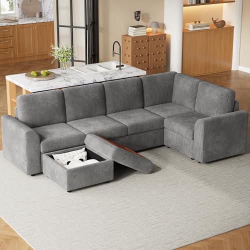 LAKFEW Sofa Rinconera Modular en L con Banco Almacenaje Versátil y Respaldo Cómodo, Sofas de Salon Sofa Esquinero de Estilo Moderno, Sofá de Pana, 282x153x85 cm, Gris