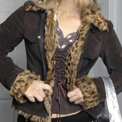 Women's Y2K Leopard Print Faux Fur Jacket Open Front Button Long Sleeve Cropped Fuzzy Outwear Cheetah Trim Jacket3