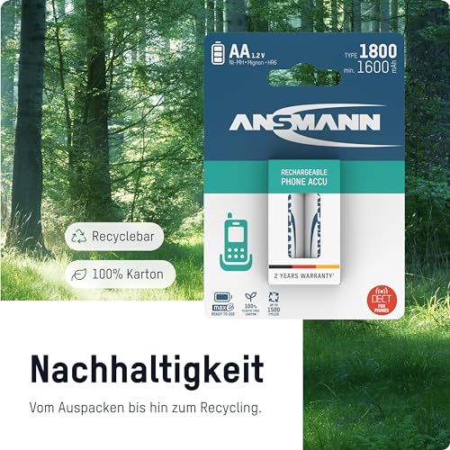 ANSMANN Telefon Akku Mignon AA LR06, 2 Stück, 1600 mAh 1,2V NI-MH, wiederaufladbar, ideal für DECT Phone, Schnurlostelefon, Babyphone, Ersatzakku