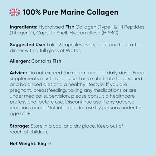 100% Pure Marine Collagen Capsules - 120 Capsules (Not Collagen Powder/Collagen Tablets) - 2 Months Supply - Collagen Supplements for Women & Men - Premium Naticol Type 1 Hydrolysed Collagen Peptides - 6