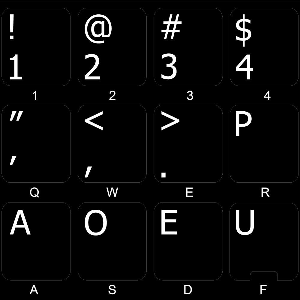 DVORAK SIMPLIFIED NON-TRANSPARENT KEYBOARD STICKER ON BLACK BACKGROUND FOR DESKTOP, LAPTOP AND NOTEBOOK