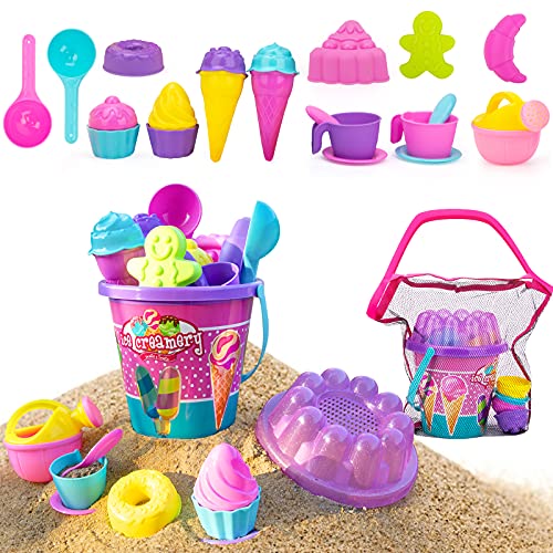 HIDMED Kids Beach Sand Toys, 24 Pcs Sand Tools with Buckets, Mesh Bag, Ice Cream Mold Set for Toddlers