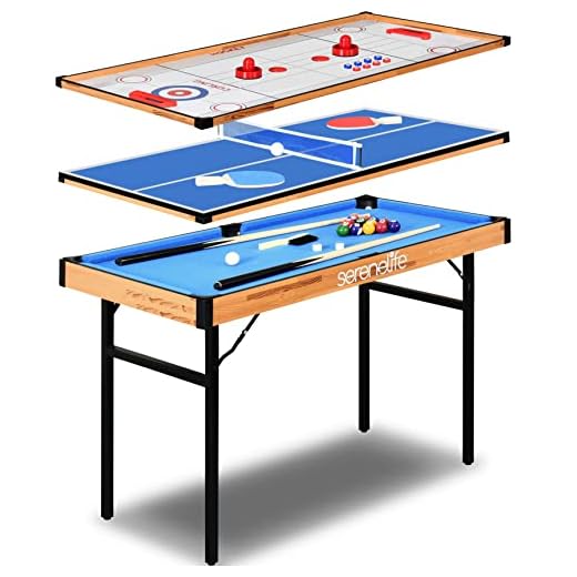 SereneLife 4 in 1 Multi Game Table, 4’x2’ Folding Portable Sports Arcade Games with Accessories, Ping Pong, Air Hockey, Pool Billiards, and Shuffleboard, for Indoor, Outdoor, All Ages