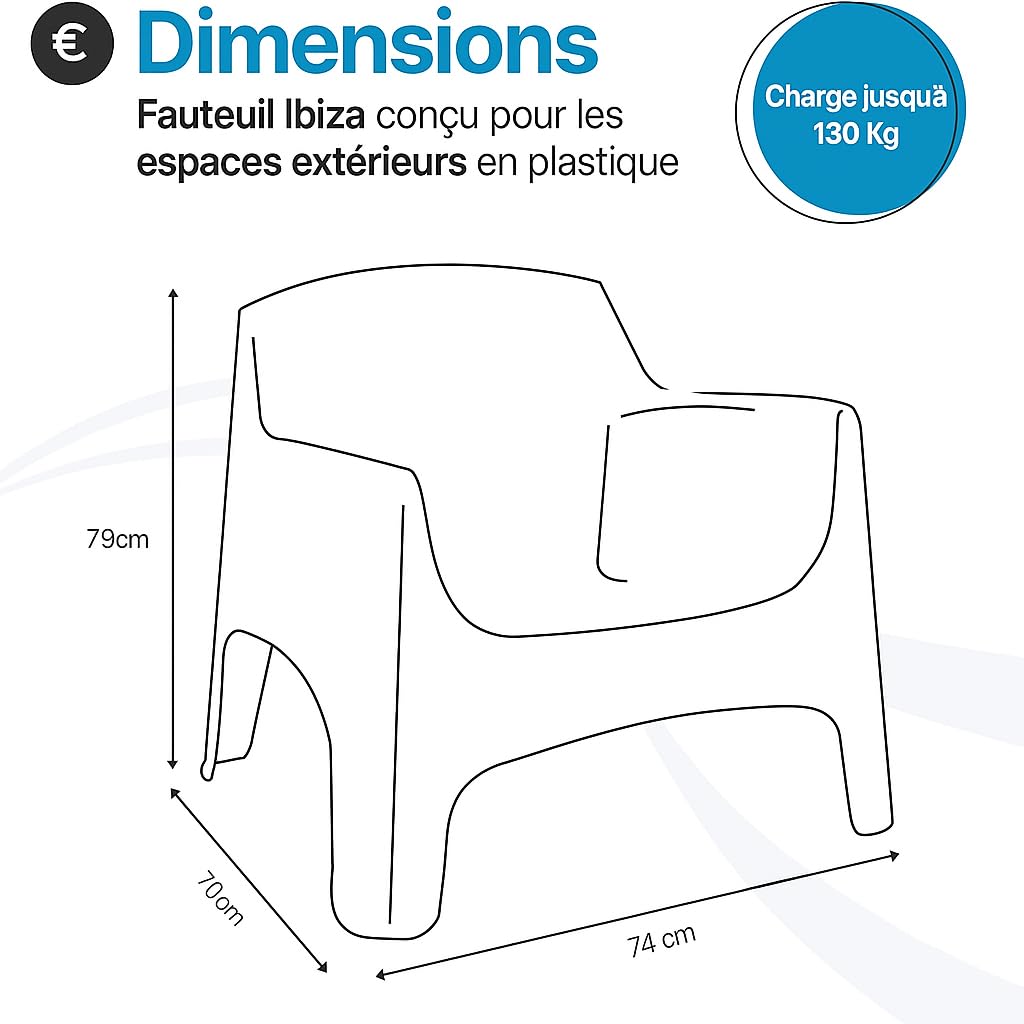 Tomaino - Fauteuil d'Extérieur Ibiza XL en Plastique - Chaise de Jardin Empilable Noir - 79 x 74 x 70 h cm