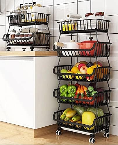 Metal Wire Baskets With Wheels 5 Tier Stackable Fruit Vegetable Basket Rack Storage Bins Shelf for Kitchen Pantry,Market, Garage
