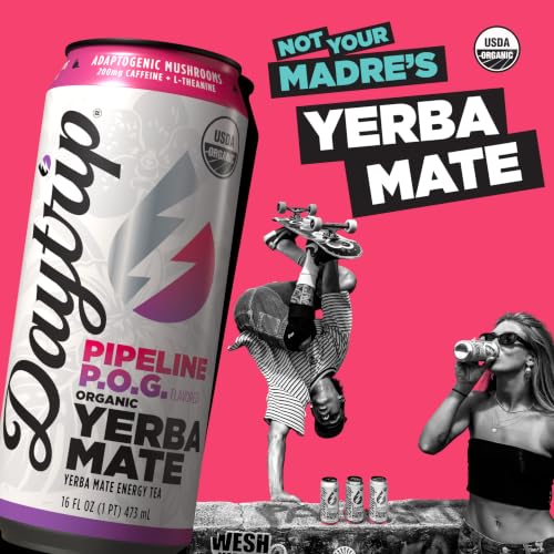 Image of Daytrip Organic Yerba Mate Energy Drink- Clean, Plant Based Caffeine (200mg) with Adaptogenic Mushrooms and Green Tea for Focus and Brain Fog - Low Calorie, Low Sugar (12 Pack Case) (Pipeline POG)