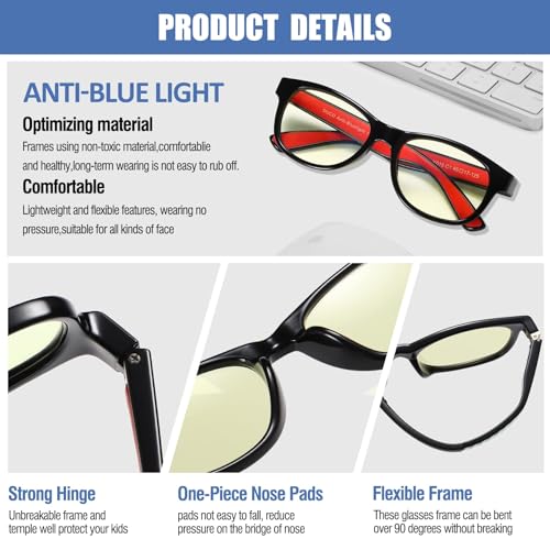 Image of DUCO Blue Light Glasses for Kids Boys Girls Blue Ray Blocking Glasses Cute Computer Gaming TV Glasses (Black /Red)