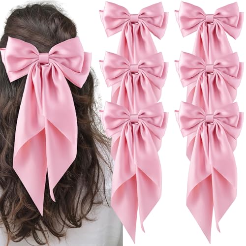 hisial 6Pcs Large Bows Hair Clips for Women Girls Long Tail Hair Ribbon Silky Satin Barrettes Coquette Bows Accessories (Pink)